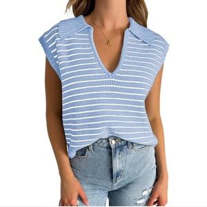 ePretty Light Blue Striped V Neck Knitted Striped Sweater Vest